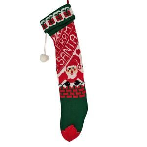 Vintage 80s 90s Machine Knit Christmas Stocking From Santa Claus Red Green